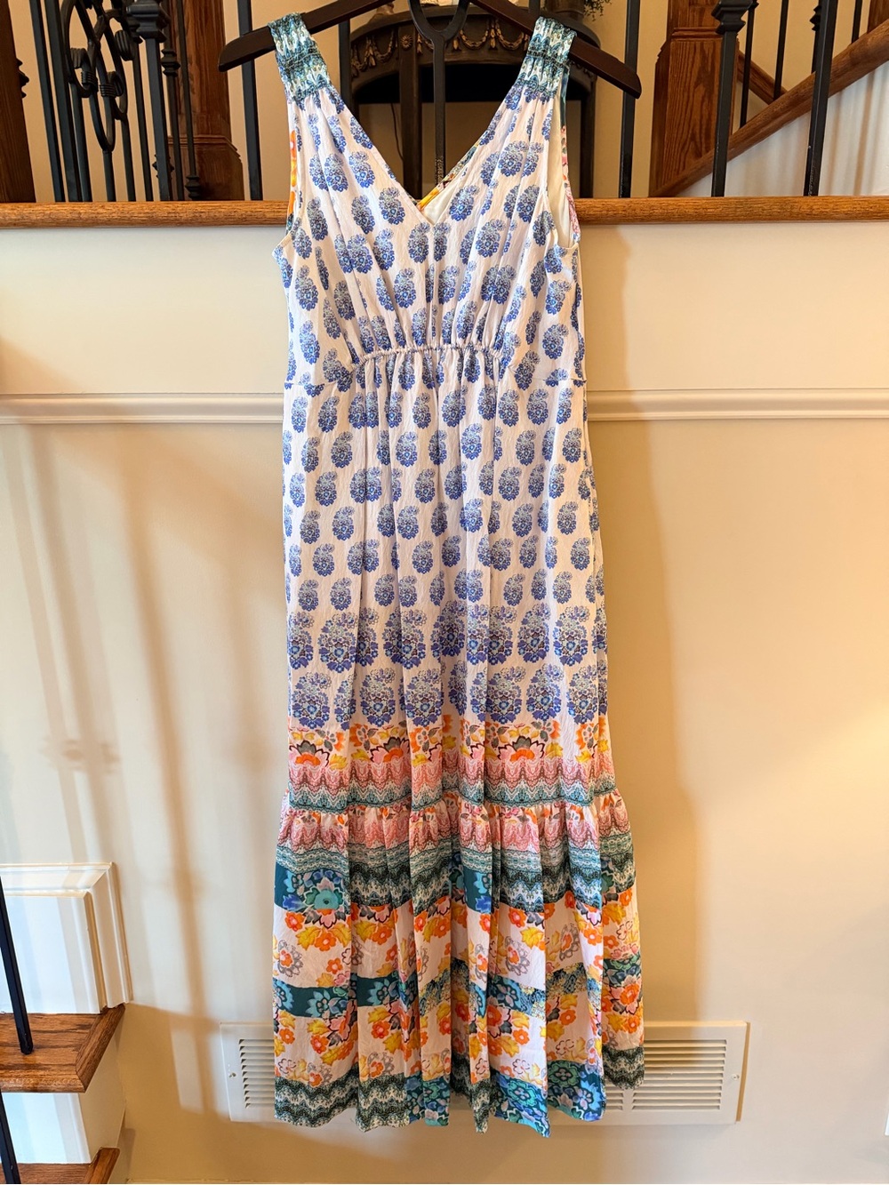 Anthropologie Maxi Dress with Blue Print and Multicolor Tiered Hem
